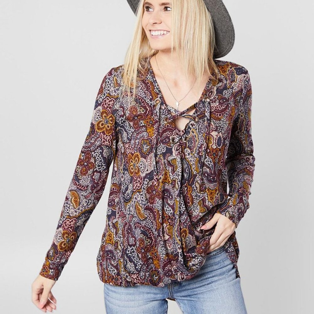 Daytrip Paisley Lace-Up Surplice Top Large NEW